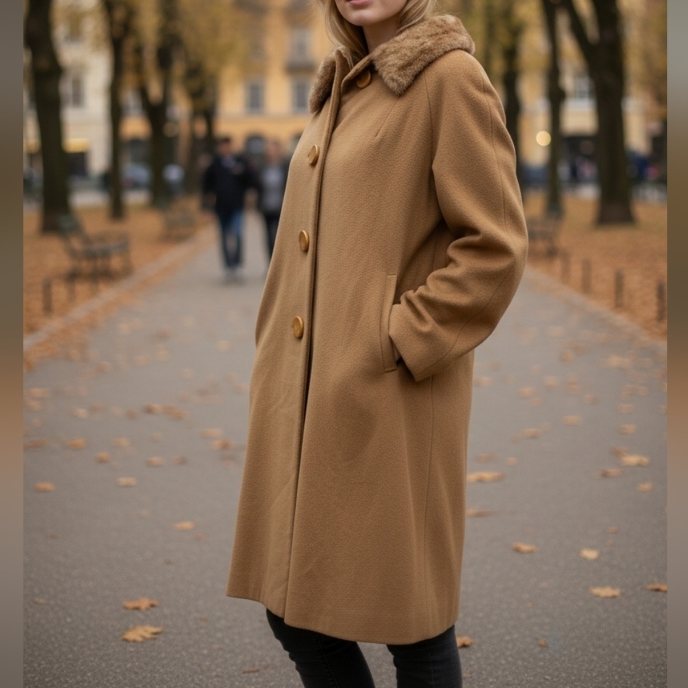 Cashmere Fur Collar 50s/60sVintage Camel Swing Coat Large, Size 10/12 - Picture 3 of 17